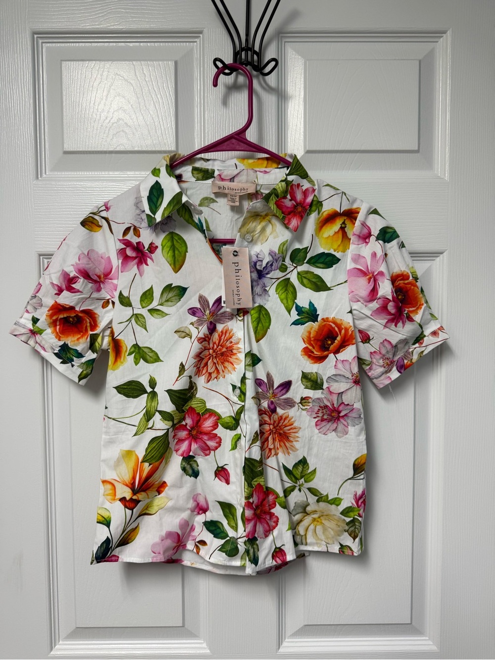 Philosophy Multicolor Floral Button-Front Short Sleeve Shirt
